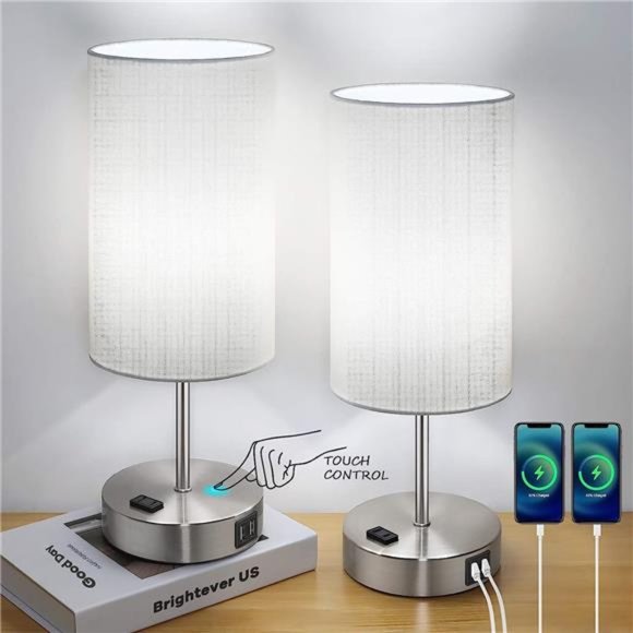Set of 2 Touch Control Table Lamps with 2 USB Charging Ports&AC Outlet, 3-Way - Picture 1 of 6
